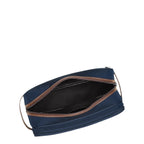 Lieblingstasche Longchamp Boxford toiletry bag in navy blue canvas with brown leather trim and dual zippered compartments