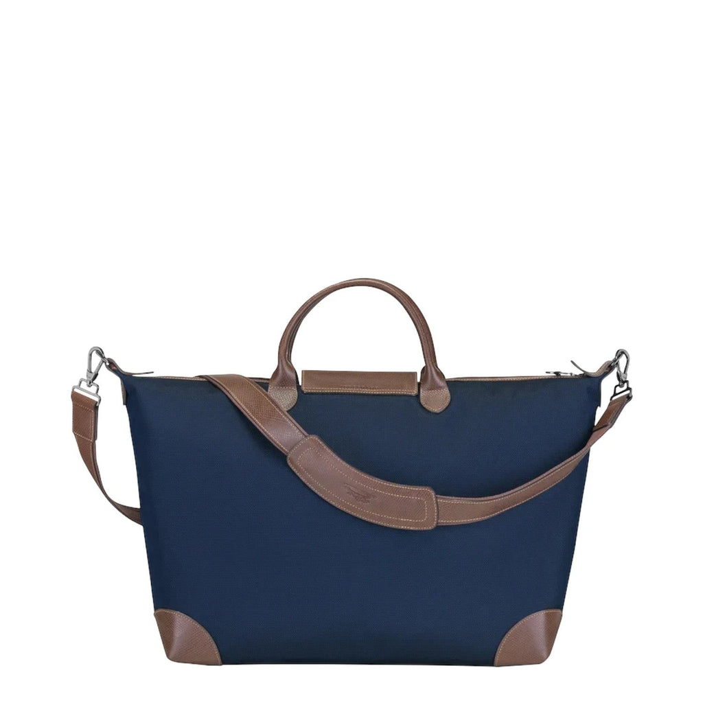 Lieblingstasche Longchamp Boxford navy blue travel bag with brown leather trim and adjustable shoulder strap