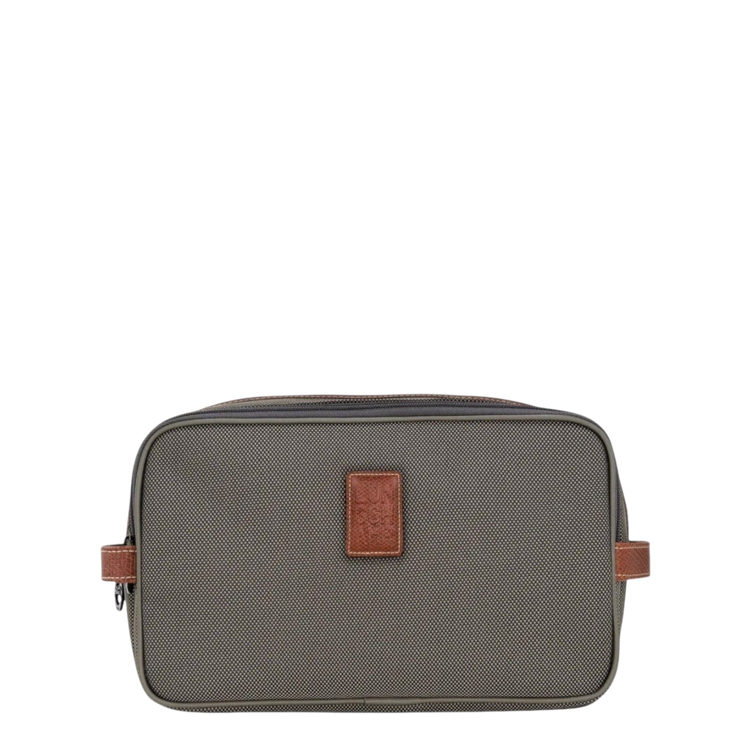 Lieblingstasche Longchamp Boxford toiletry bag in olive green canvas with brown leather trim and zipper compartments.