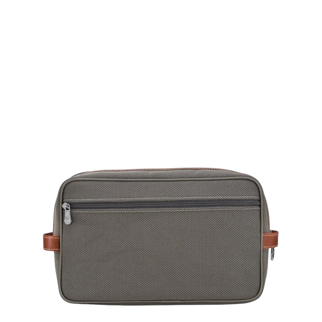 Lieblingstasche Longchamp Boxford toiletry bag in olive green canvas with brown leather trim and zipper pockets.