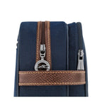 Lieblingstasche Longchamp Boxford toiletry bag in navy blue canvas with brown leather trim and silver zipper details.