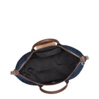 Lieblingstasche Longchamp Boxford travel bag in navy blue with brown leather handles and open interior view