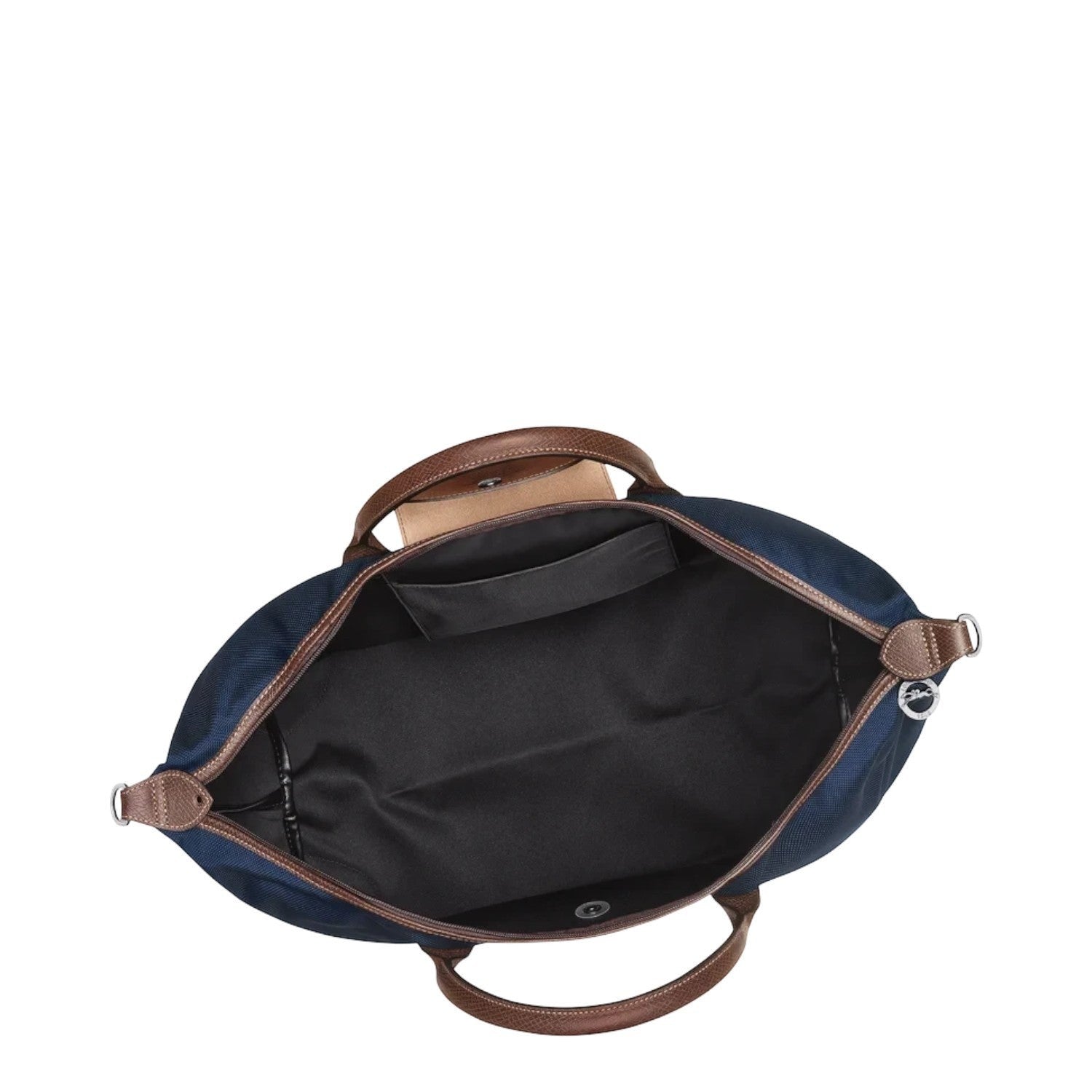 Lieblingstasche Longchamp Boxford travel bag in navy blue with brown leather handles and open interior view