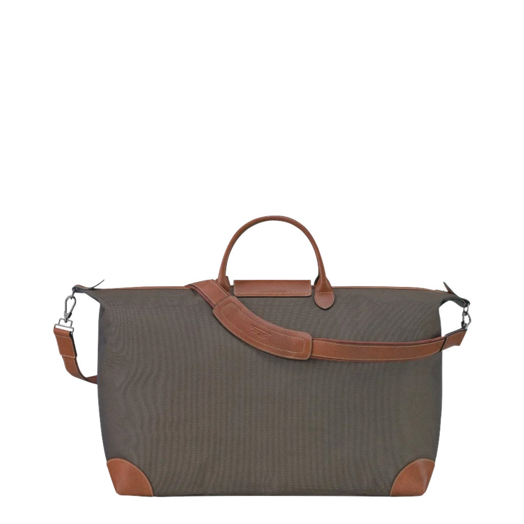 Lieblingstasche Longchamp Boxford XL travel bag in olive green canvas with brown leather trim and shoulder strap.