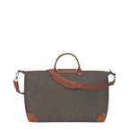Lieblingstasche Longchamp Boxford XL travel bag in olive green canvas with brown leather trim and shoulder strap.