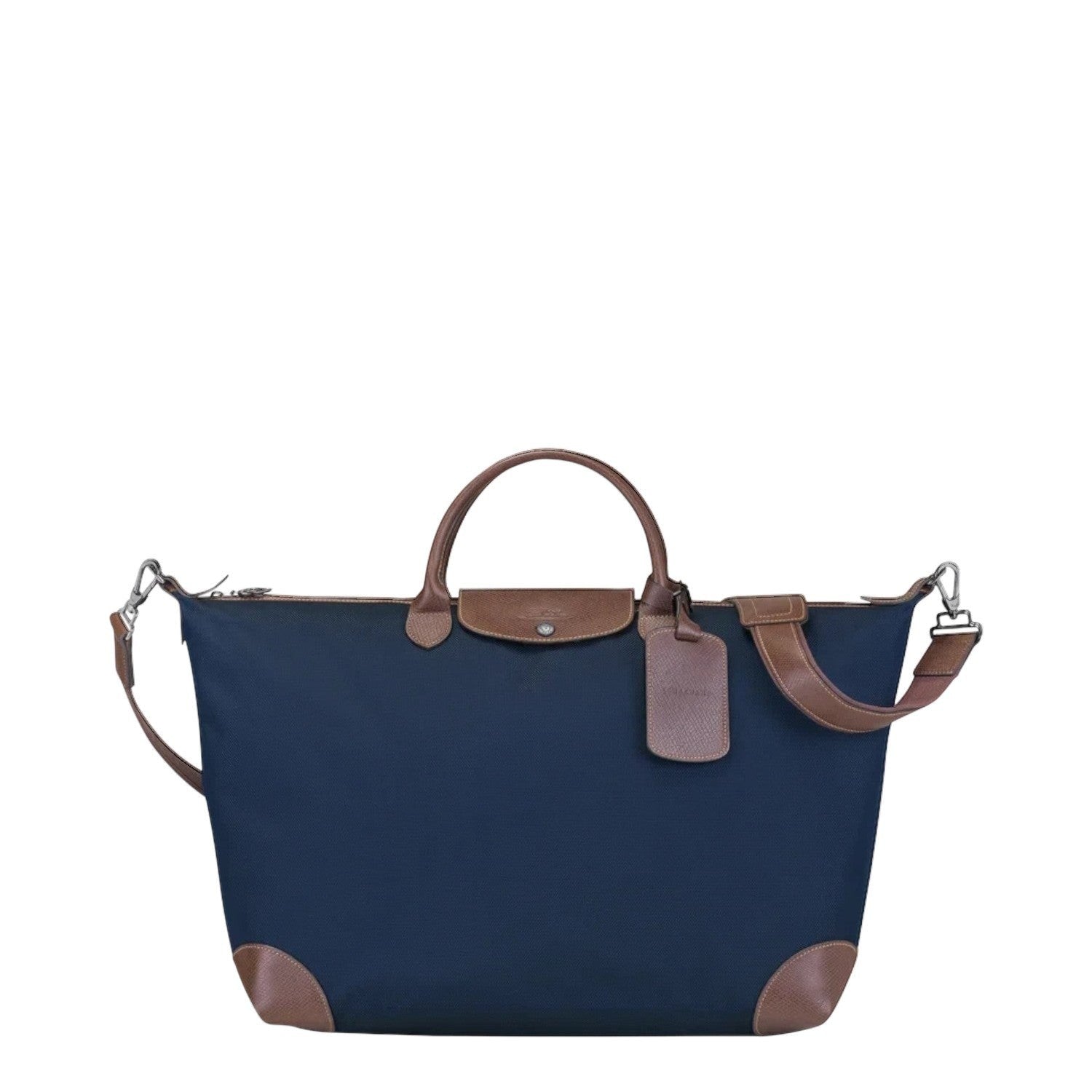 Lieblingstasche Longchamp Boxford travel bag in navy blue canvas with brown leather trim and shoulder strap
