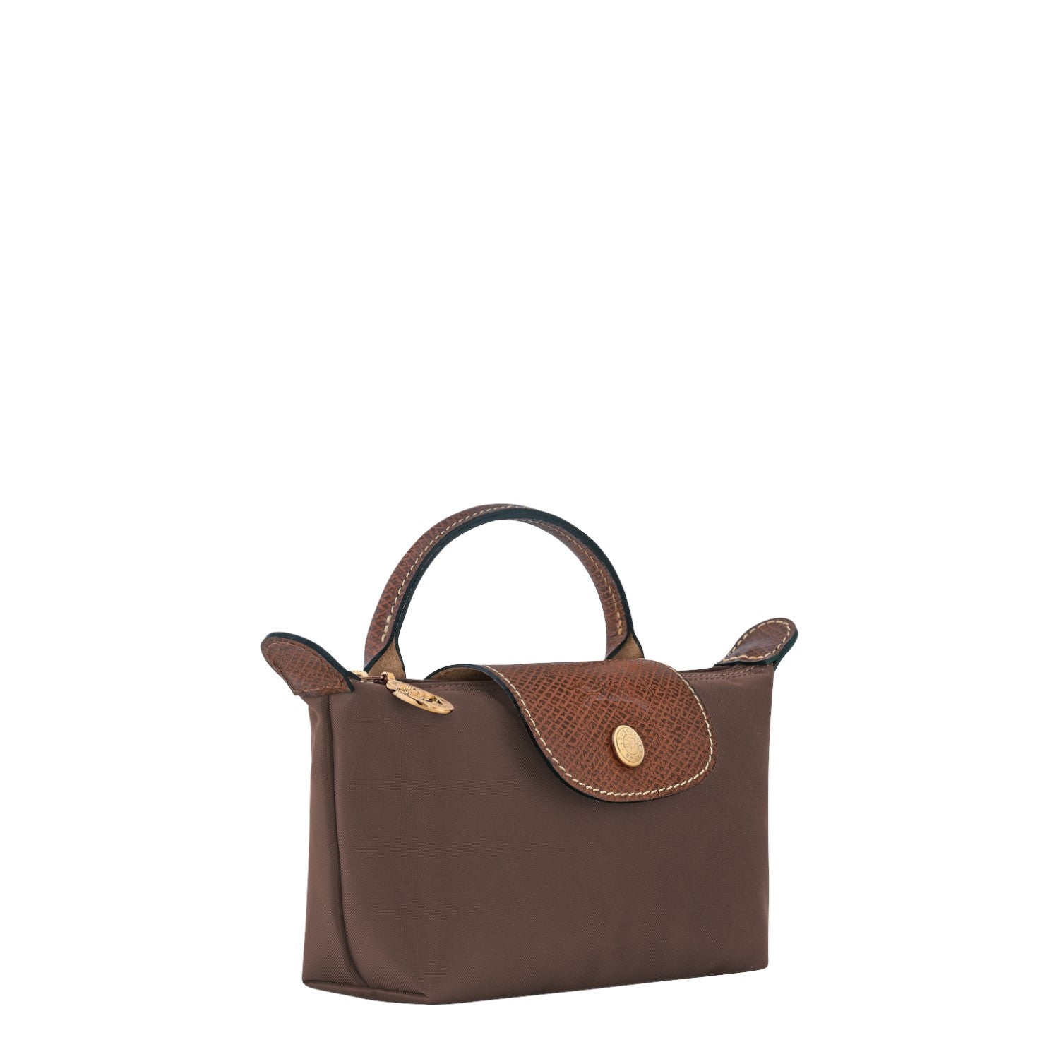 Lieblingstasche Longchamp Le Pliage Pochette in brown nylon with leather flap, handle, and gold-tone hardware.