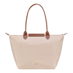 Lieblingstasche Longchamp Le Pliage large shoulder bag in beige nylon with brown leather handles and gold snap button