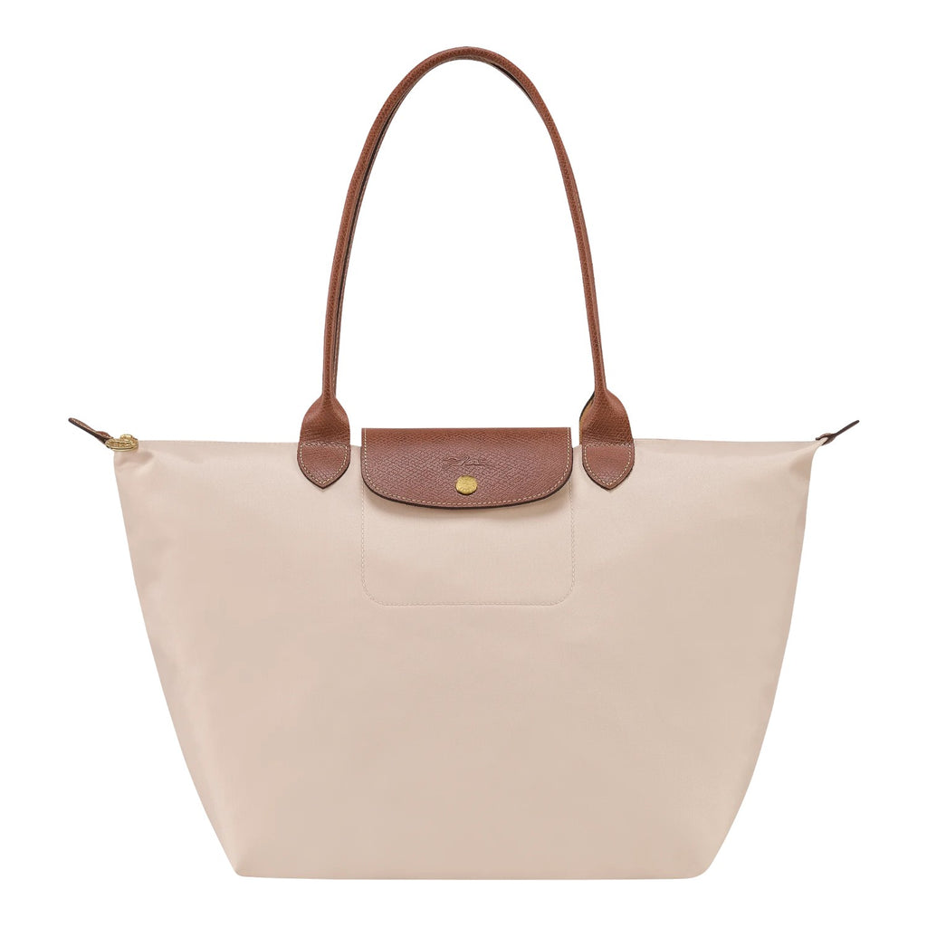 Lieblingstasche Longchamp Le Pliage large shoulder bag in beige nylon with brown leather handles and gold hardware