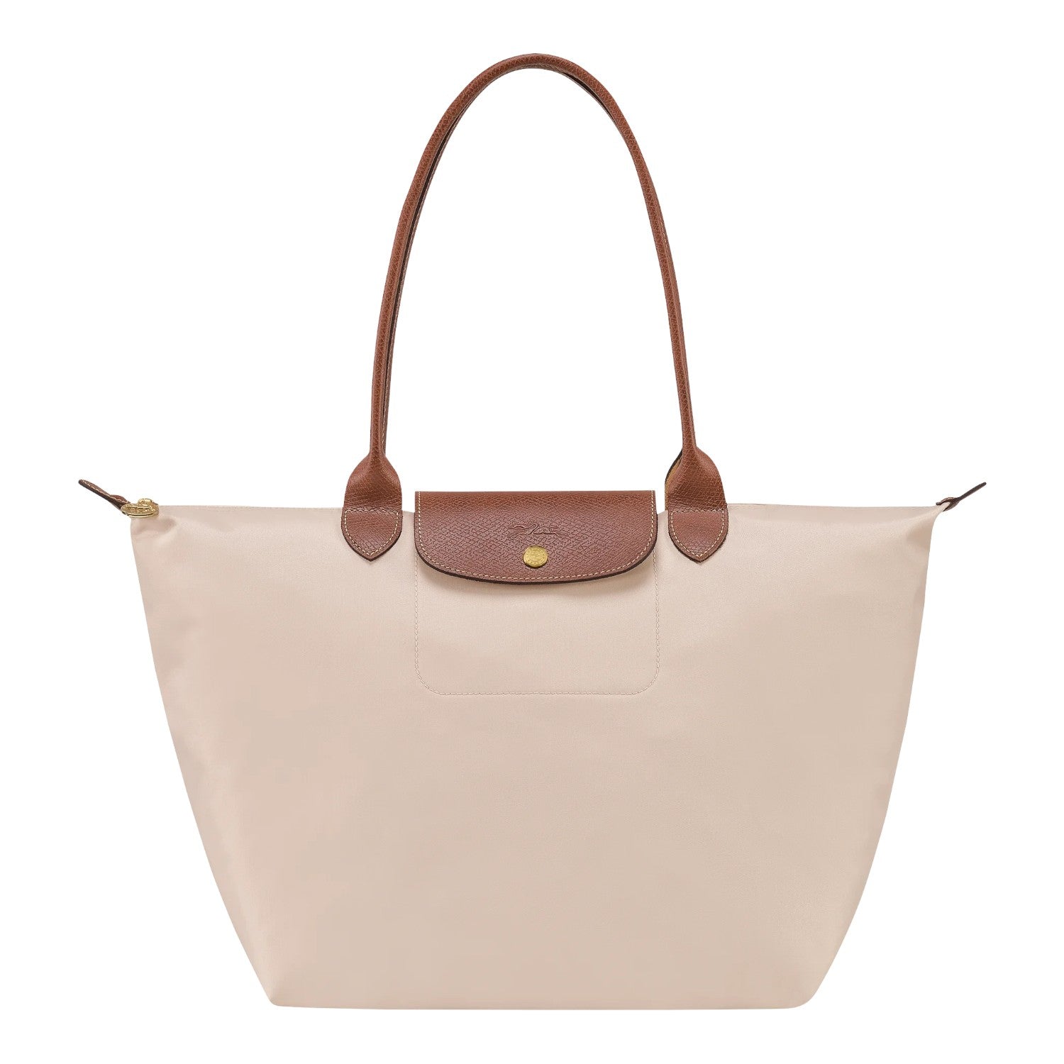 Lieblingstasche Longchamp Le Pliage large shoulder bag in beige nylon with brown leather handles and gold hardware
