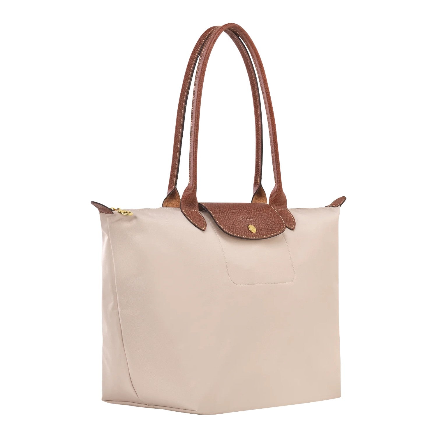 Lieblingstasche Longchamp Le Pliage large shoulder bag in beige nylon with brown leather handles and gold hardware