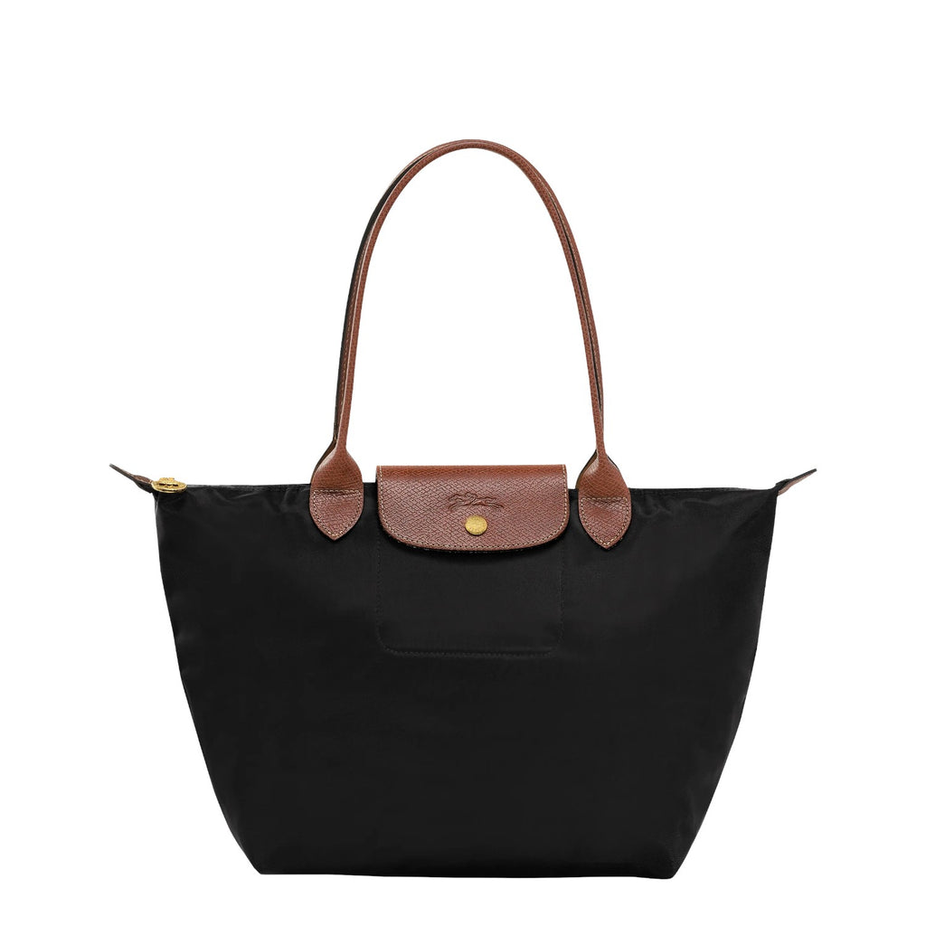 Lieblingstasche Longchamp Le Pliage medium shoulder bag in black nylon with brown leather trim and gold hardware