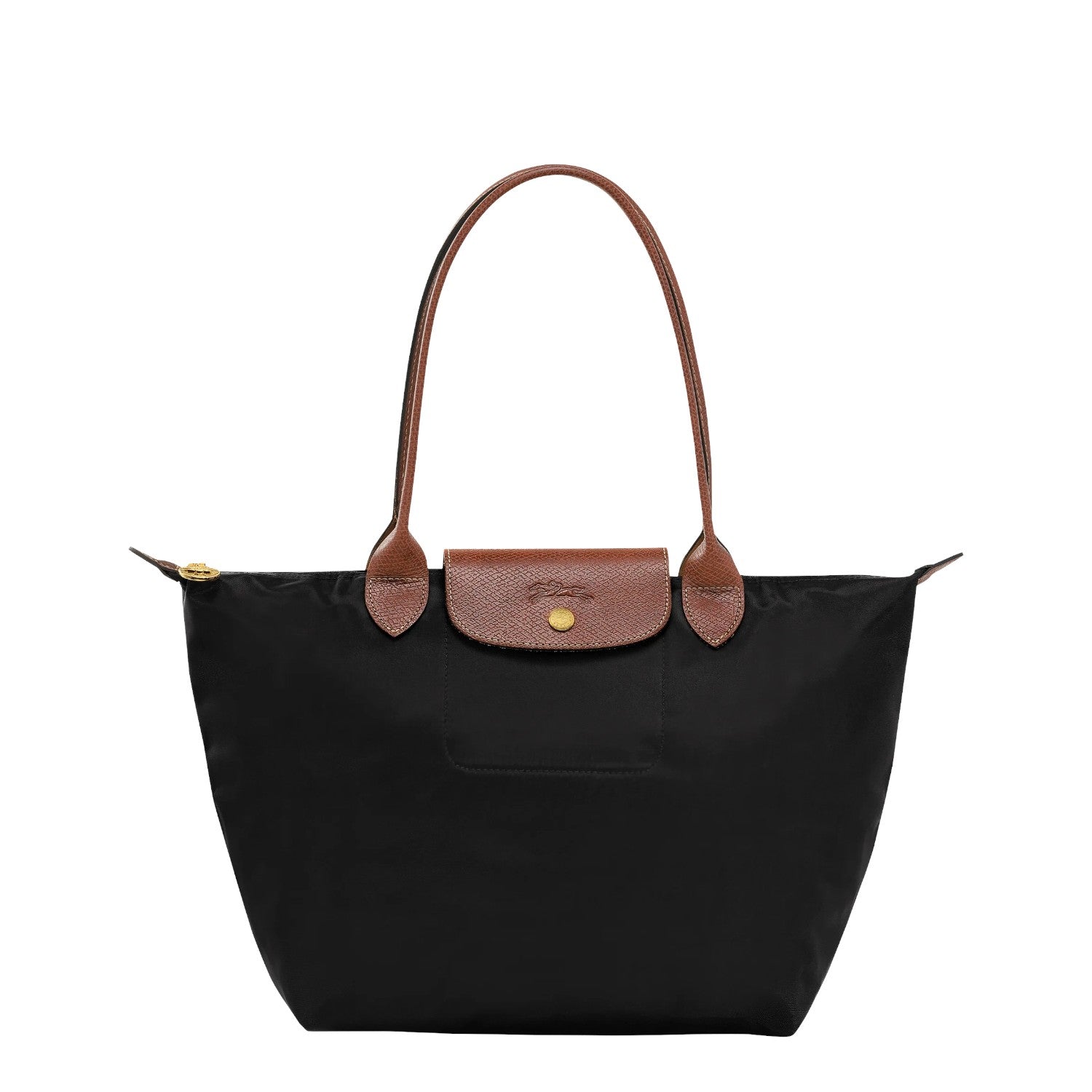Lieblingstasche Longchamp Le Pliage medium shoulder bag in black nylon with brown leather trim and gold hardware
