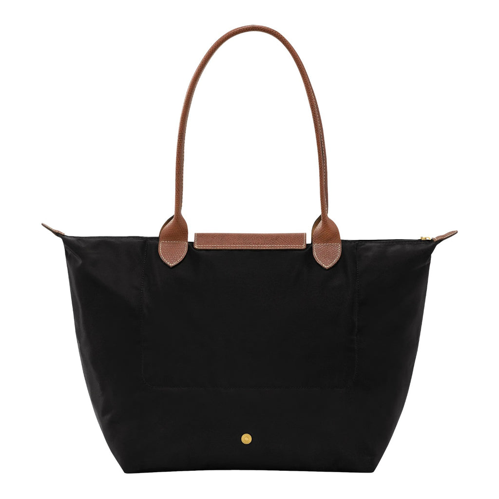 Lieblingstasche Longchamp Le Pliage large black nylon shoulder bag with brown leather handles and gold snap button