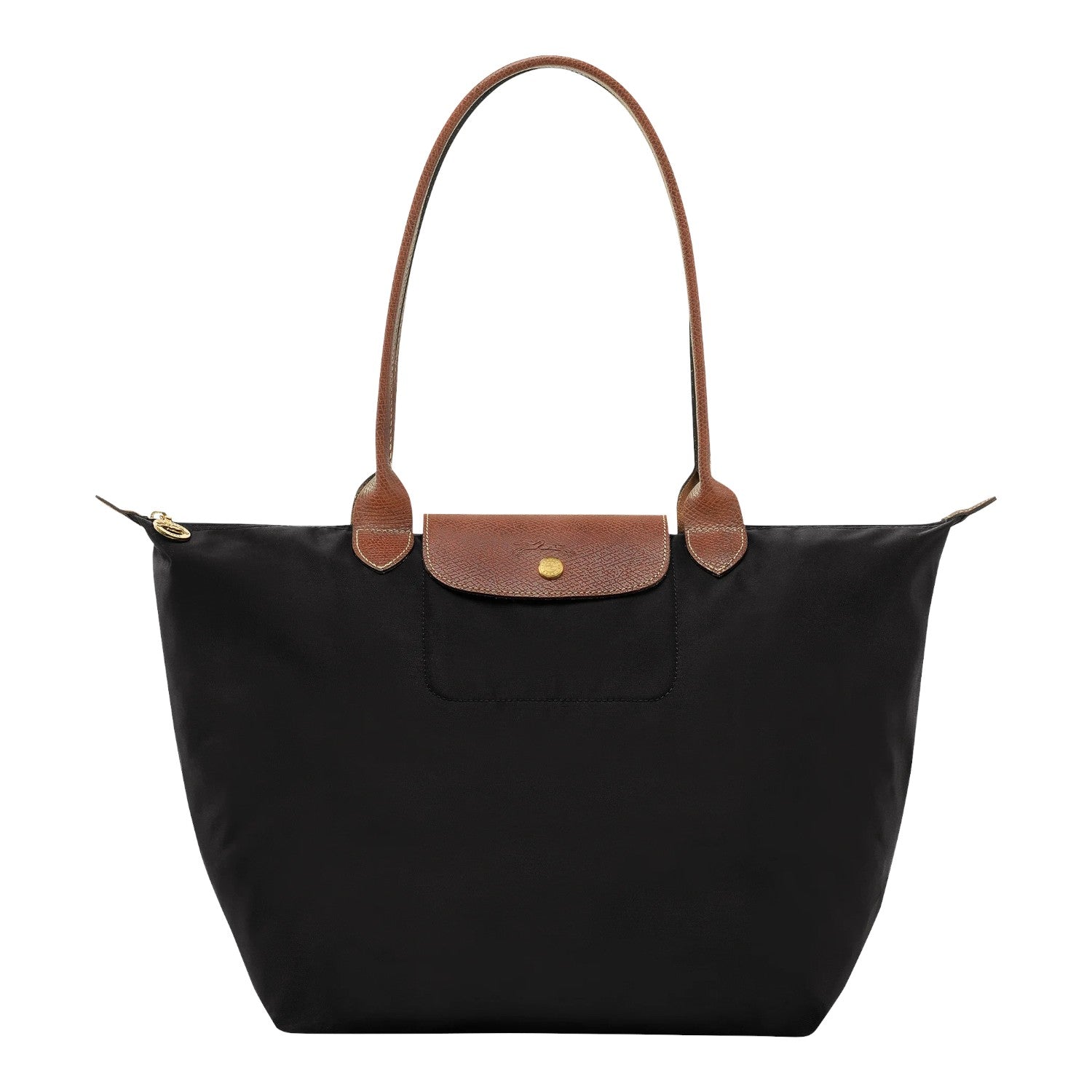 Lieblingstasche Longchamp Le Pliage large black nylon shoulder bag with brown leather handles and gold hardware.