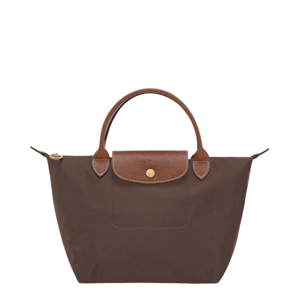 Lieblingstasche Longchamp Le Pliage small handbag in brown nylon with brown leather handles and gold hardware.