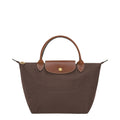 Lieblingstasche Longchamp Le Pliage small handbag in brown nylon with brown leather handles and gold hardware.