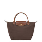 Lieblingstasche Longchamp Le Pliage small handbag in brown nylon with brown leather handles and gold hardware.