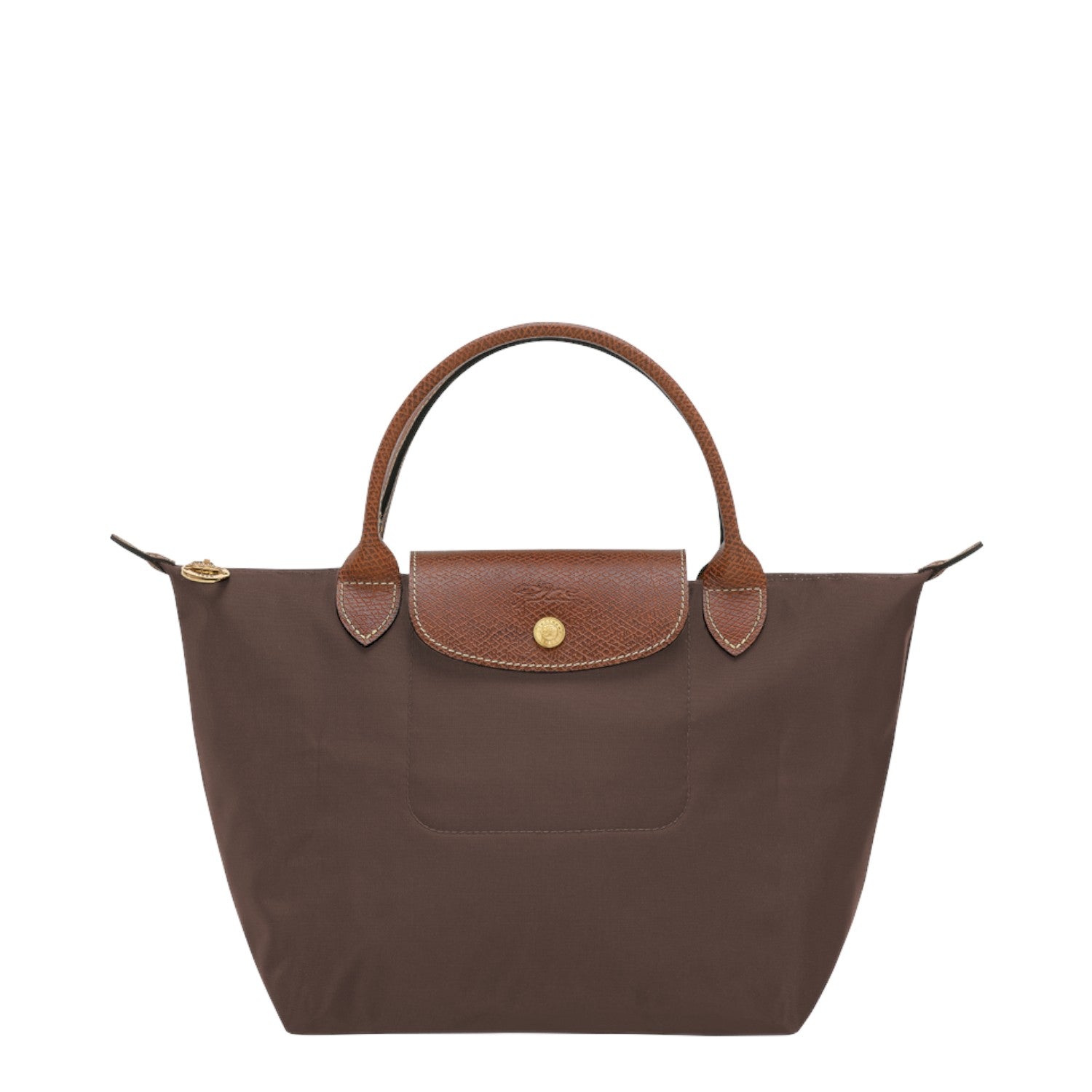 Lieblingstasche Longchamp Le Pliage small handbag in brown nylon with brown leather handles and gold hardware.