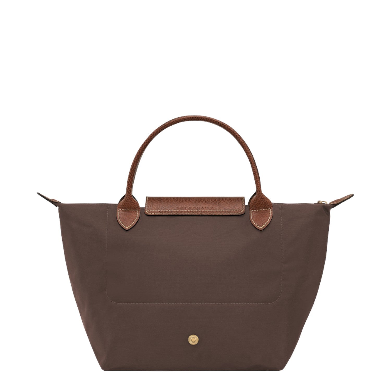 Lieblingstasche Longchamp Le Pliage S handbag in brown nylon with brown leather handles and gold snap button closure.