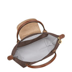 Lieblingstasche Longchamp Le Pliage S handbag in brown nylon with leather handles and gold zipper pull top view