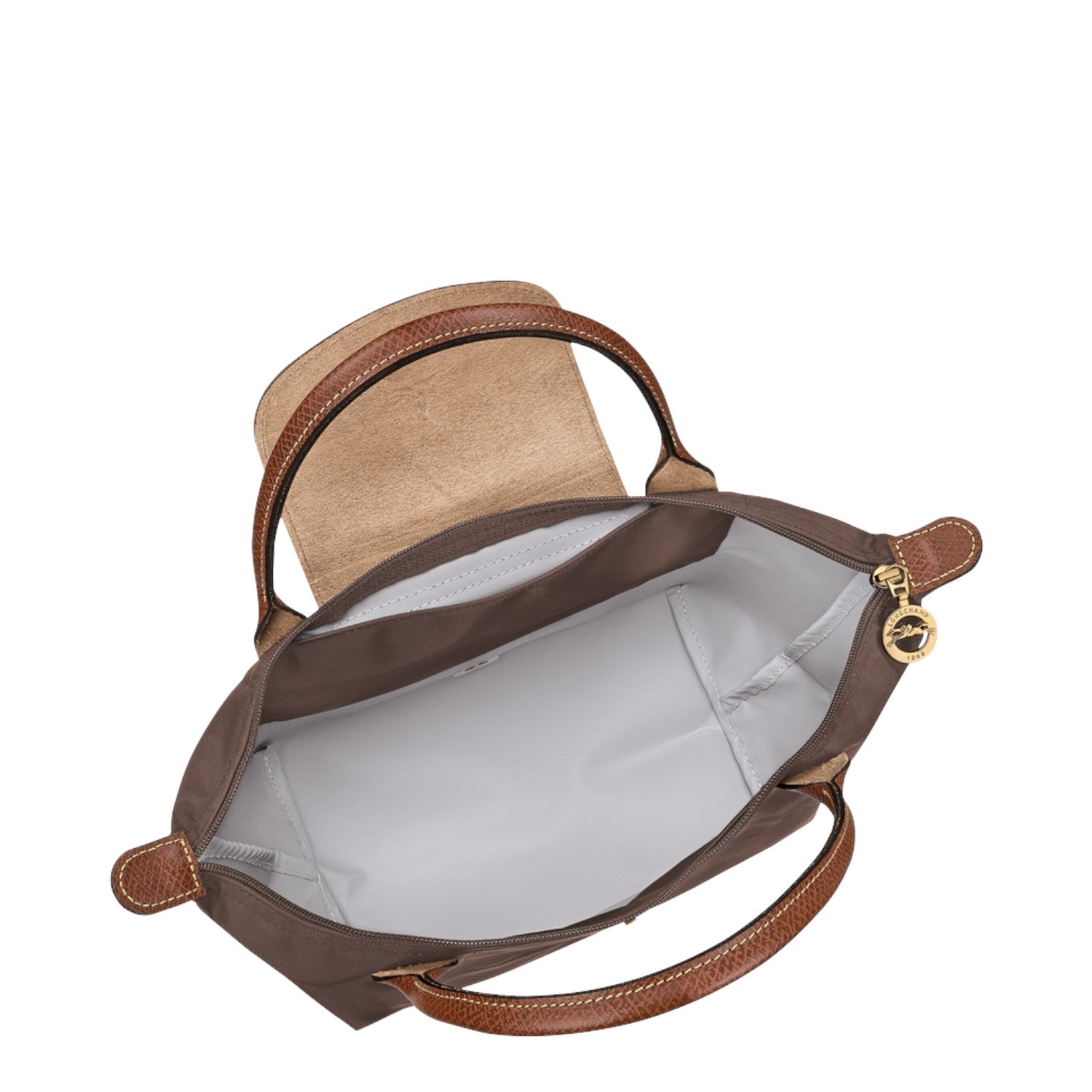 Lieblingstasche Longchamp Le Pliage S handbag in brown nylon with leather handles and gold zipper pull top view