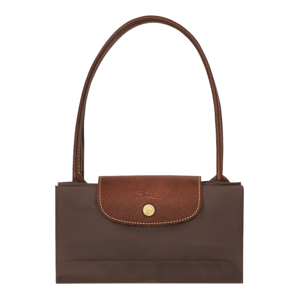 Lieblingstasche Longchamp Le Pliage large brown shoulder bag with leather flap and gold snap button closure