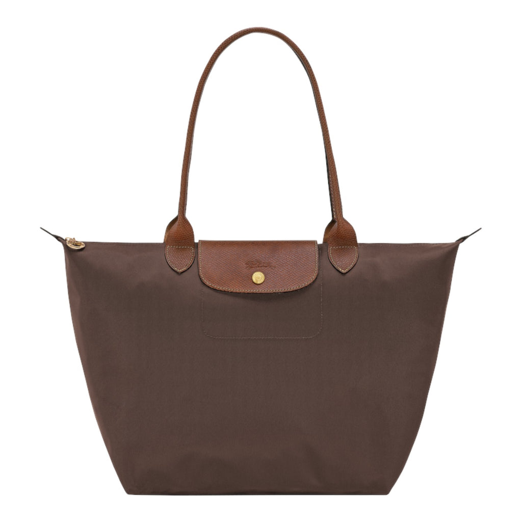 Lieblingstasche Longchamp Le Pliage large brown nylon shoulder bag with leather handles and gold snap button closure