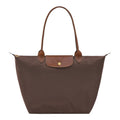 Lieblingstasche Longchamp Le Pliage large brown nylon shoulder bag with leather handles and gold snap button closure