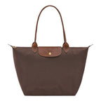 Lieblingstasche Longchamp Le Pliage large brown nylon shoulder bag with leather handles and gold snap button closure