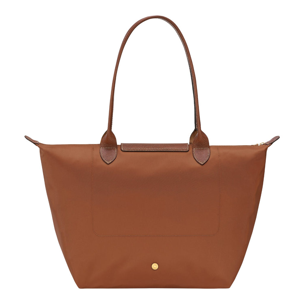 Lieblingstasche Longchamp Le Pliage large brown nylon shoulder bag with leather handles and gold snap button