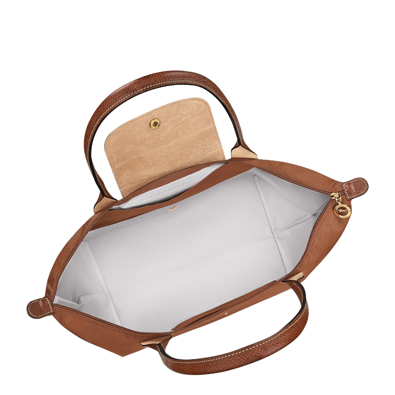 Lieblingstasche Longchamp Le Pliage shoulder bag in brown nylon with leather handles and interior view