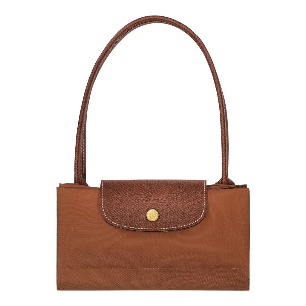 Lieblingstasche Longchamp Le Pliage shoulder bag in brown nylon with leather flap and gold snap button closure