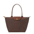 Lieblingstasche Longchamp Le Pliage medium shoulder bag in brown nylon with leather handles and gold snap button