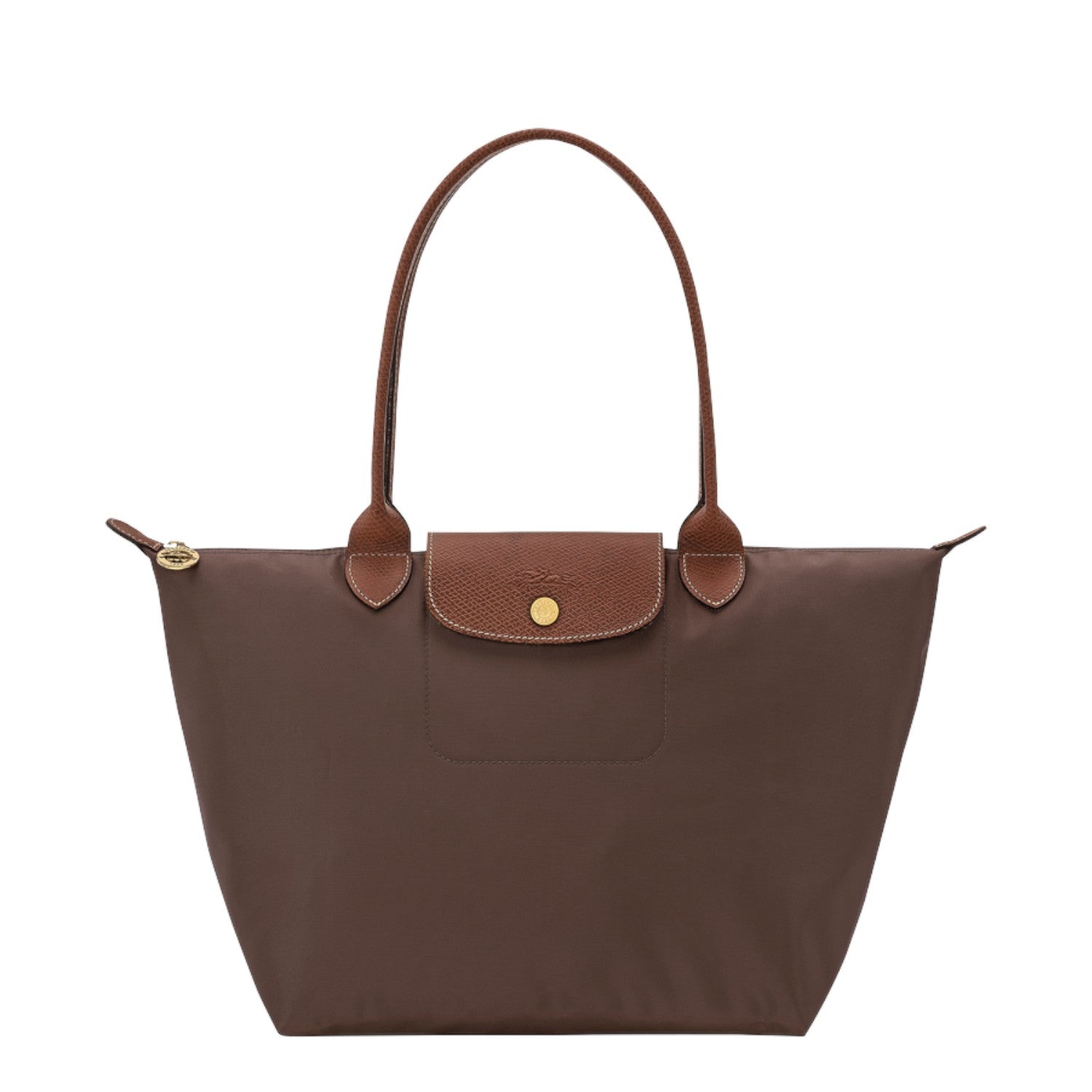 Lieblingstasche Longchamp Le Pliage medium shoulder bag in brown nylon with leather handles and gold snap button