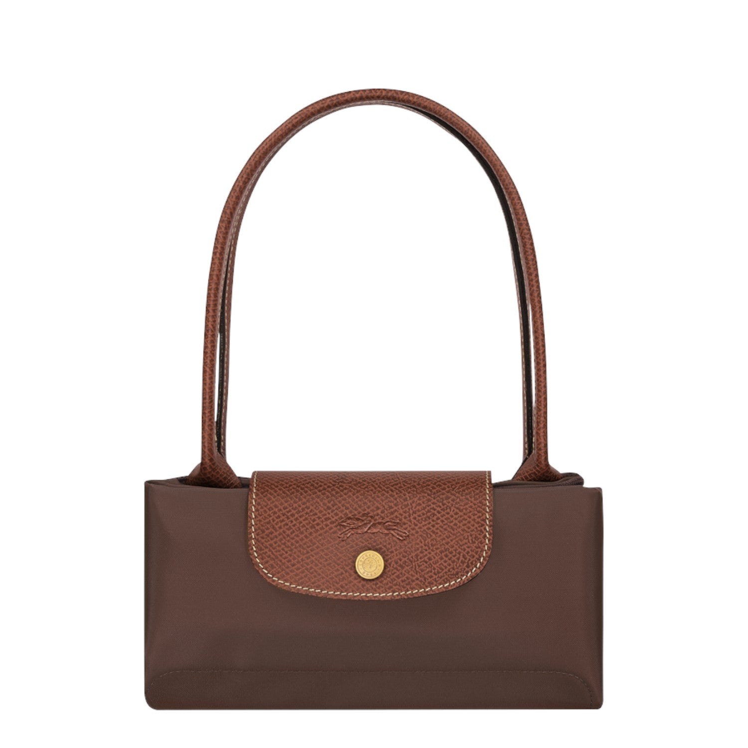 Lieblingstasche Longchamp Le Pliage medium shoulder bag in brown nylon with leather flap and gold snap button