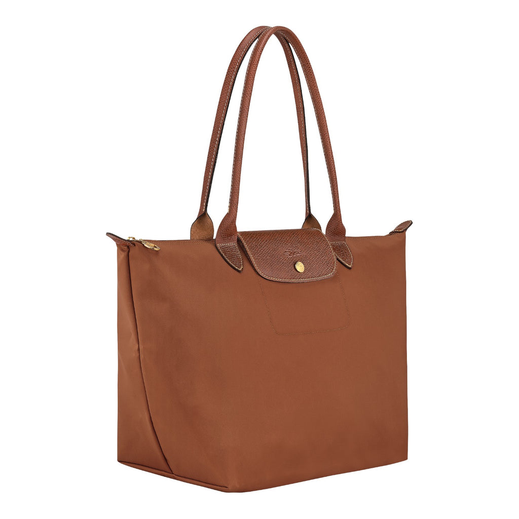 Lieblingstasche Longchamp Le Pliage large brown nylon shoulder bag with leather handles and gold hardware