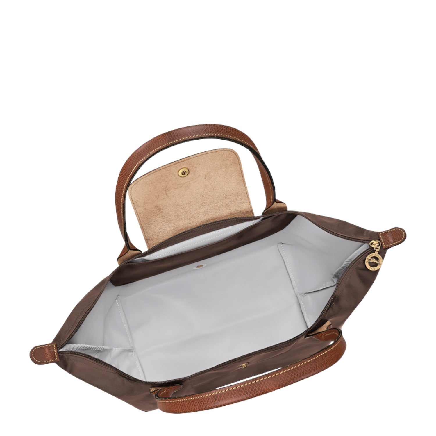 Lieblingstasche Longchamp Le Pliage large shoulder bag in brown nylon with leather handles and open interior view