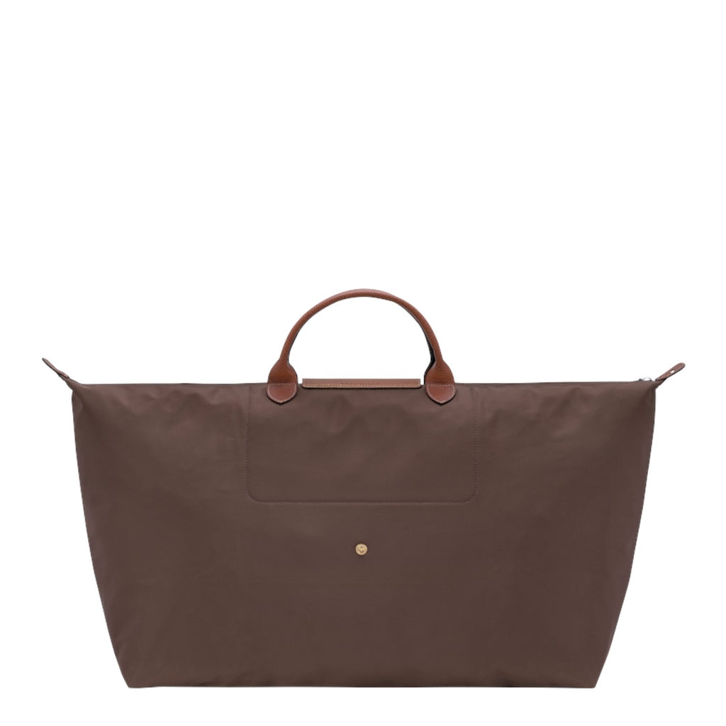 Lieblingstasche Longchamp Le Pliage XL travel bag in brown nylon with tan leather handles and gold snap button