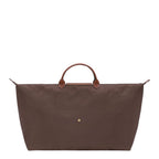 Lieblingstasche Longchamp Le Pliage XL travel bag in brown nylon with tan leather handles and gold snap button