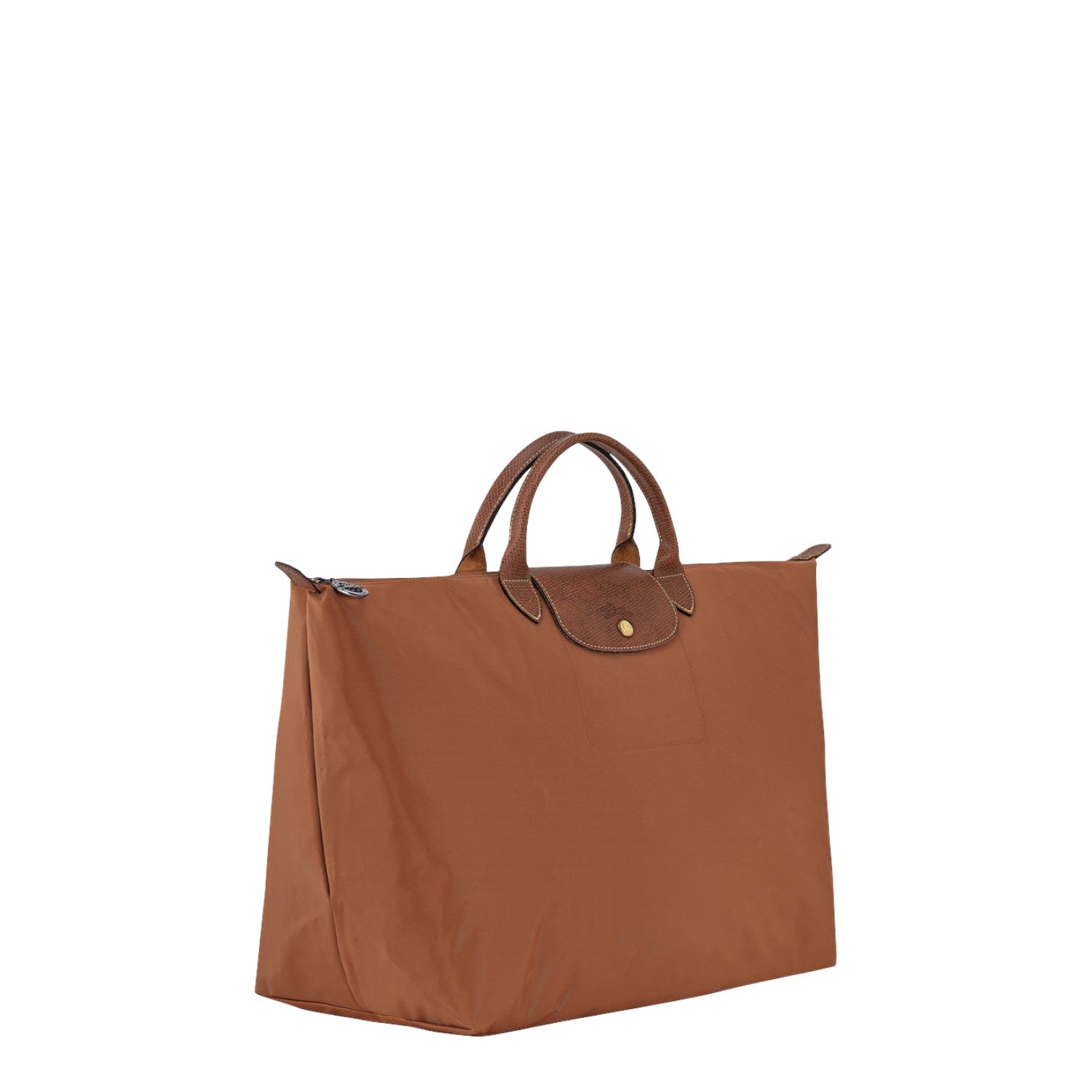 Lieblingstasche Longchamp Le Pliage large brown travel bag with leather handles and flap closure