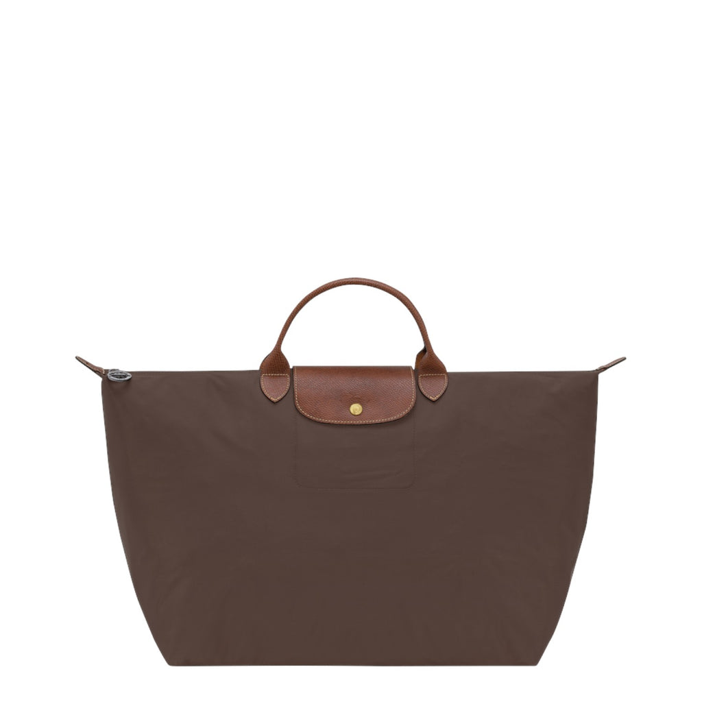 Lieblingstasche Longchamp Le Pliage large travel bag in brown nylon with brown leather handles and flap closure