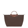 Lieblingstasche Longchamp Le Pliage large travel bag in brown nylon with brown leather handles and flap closure