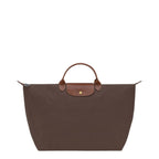 Lieblingstasche Longchamp Le Pliage large travel bag in brown nylon with brown leather handles and flap closure