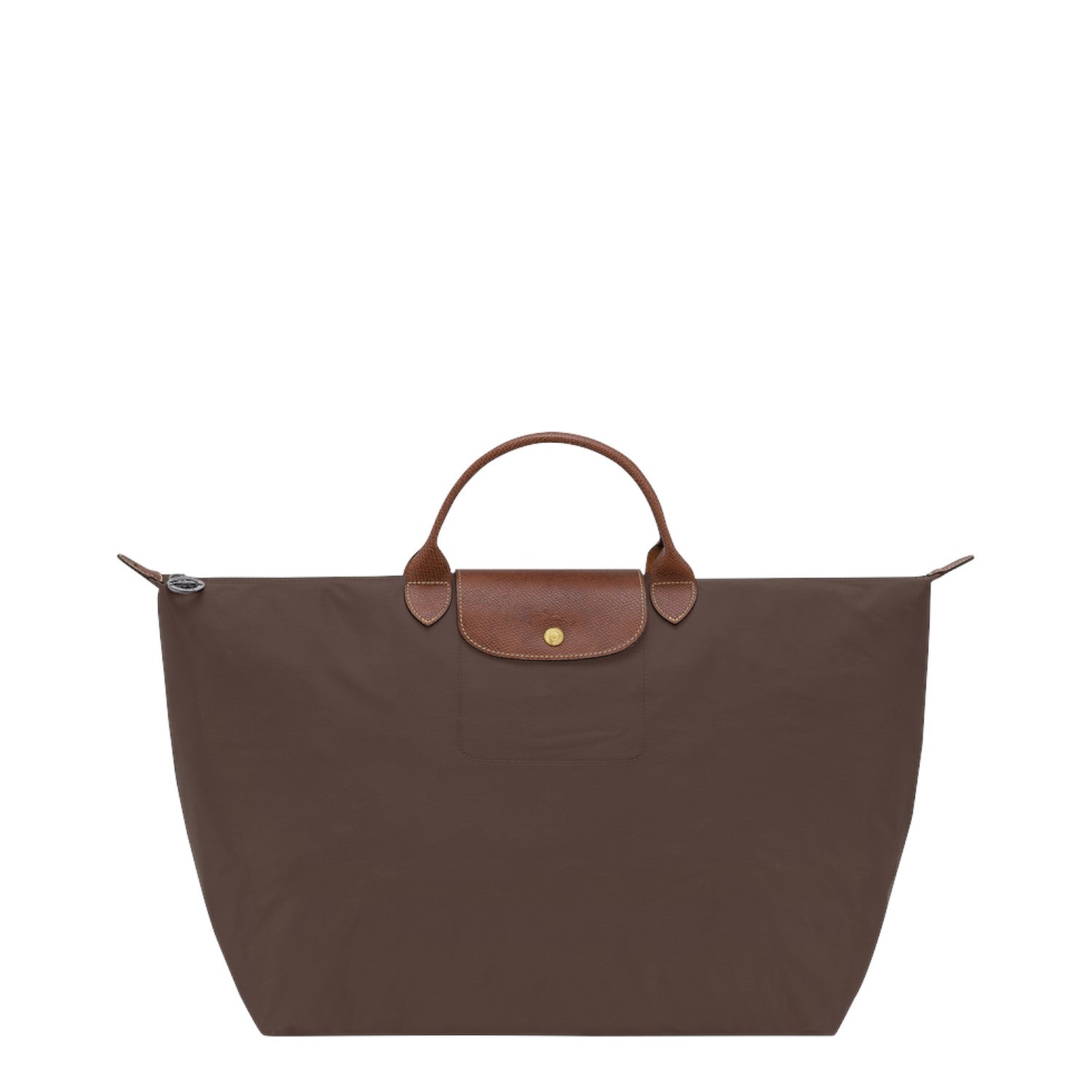 Lieblingstasche Longchamp Le Pliage large travel bag in brown nylon with brown leather handles and flap closure