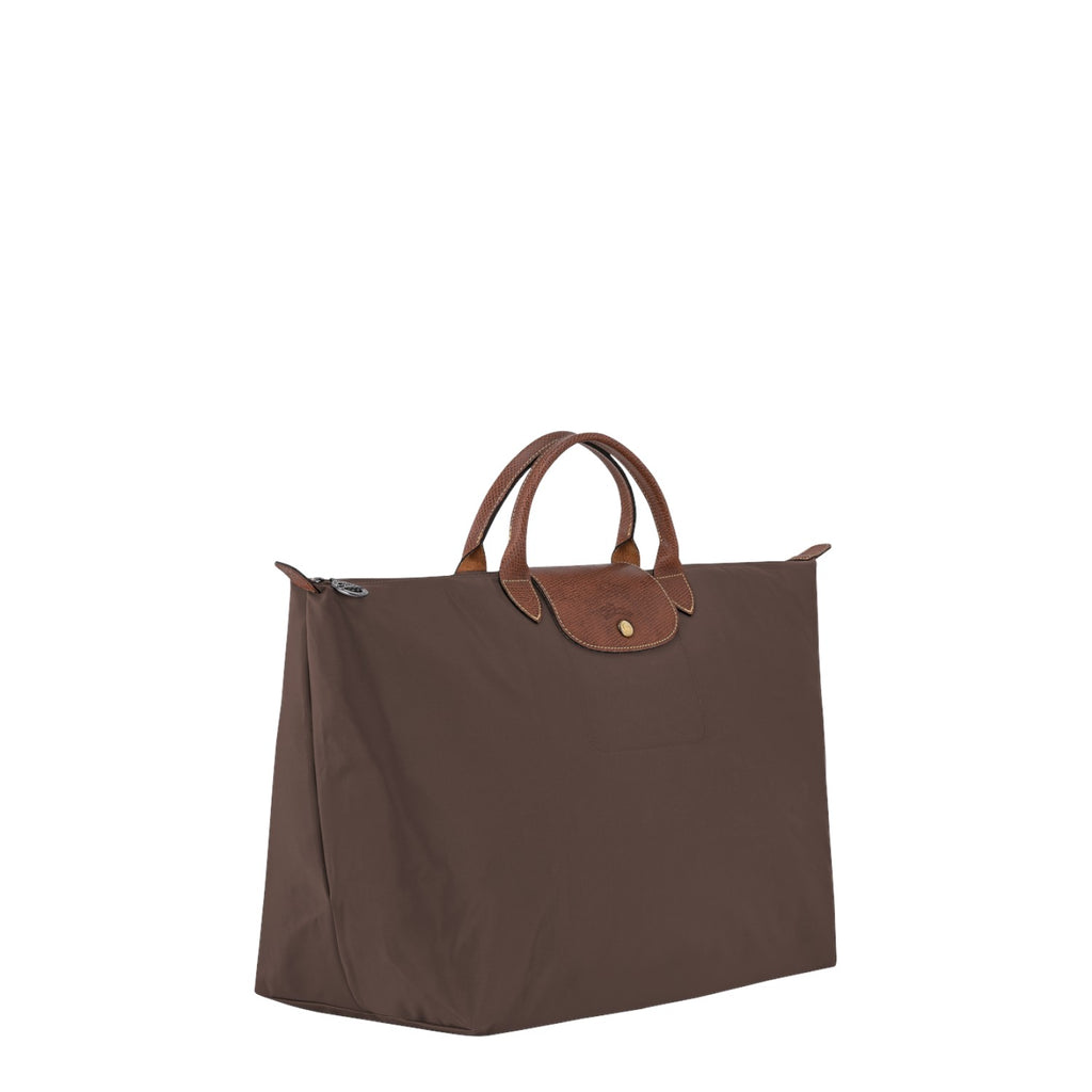 Lieblingstasche Longchamp Le Pliage large travel bag in brown nylon with brown leather handles and flap