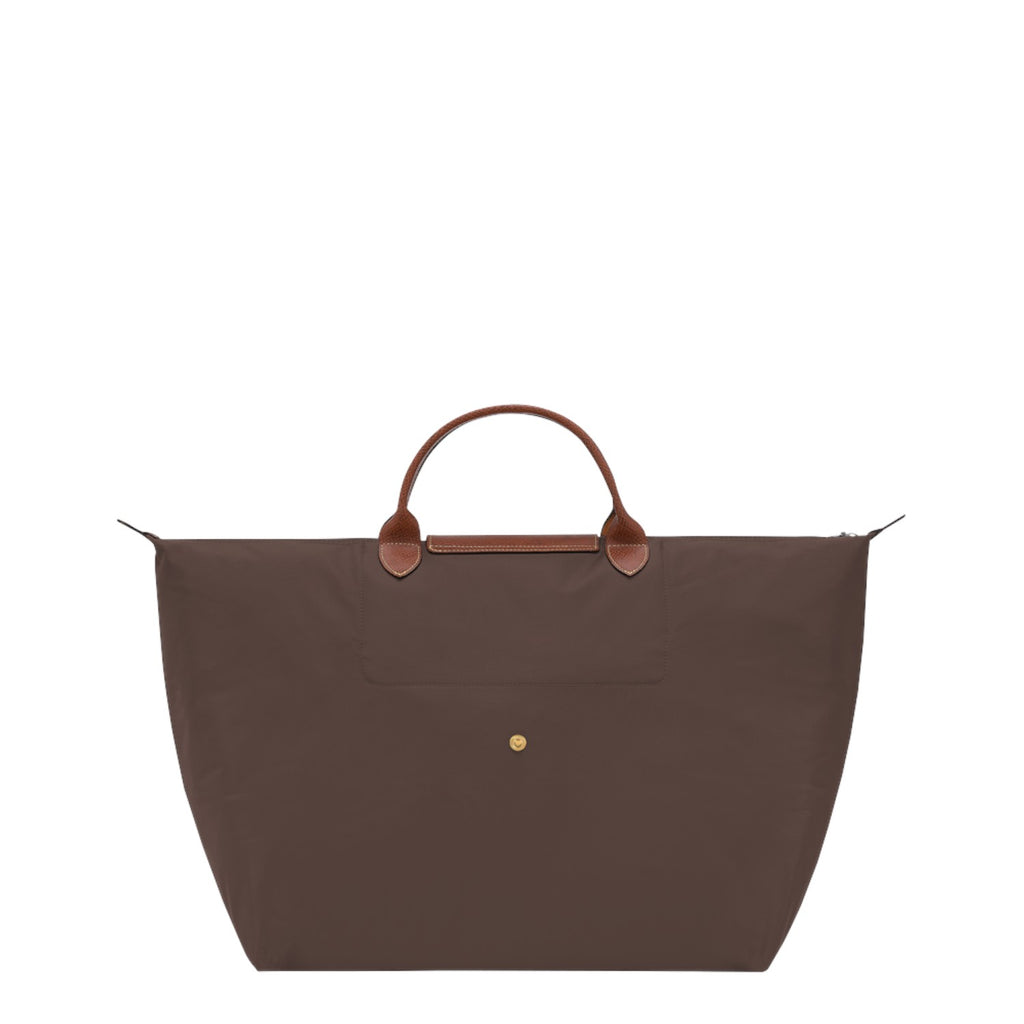 Lieblingstasche Longchamp Le Pliage large travel bag in brown nylon with brown leather handles and gold snap button