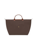 Lieblingstasche Longchamp Le Pliage large travel bag in brown nylon with brown leather handles and gold snap button