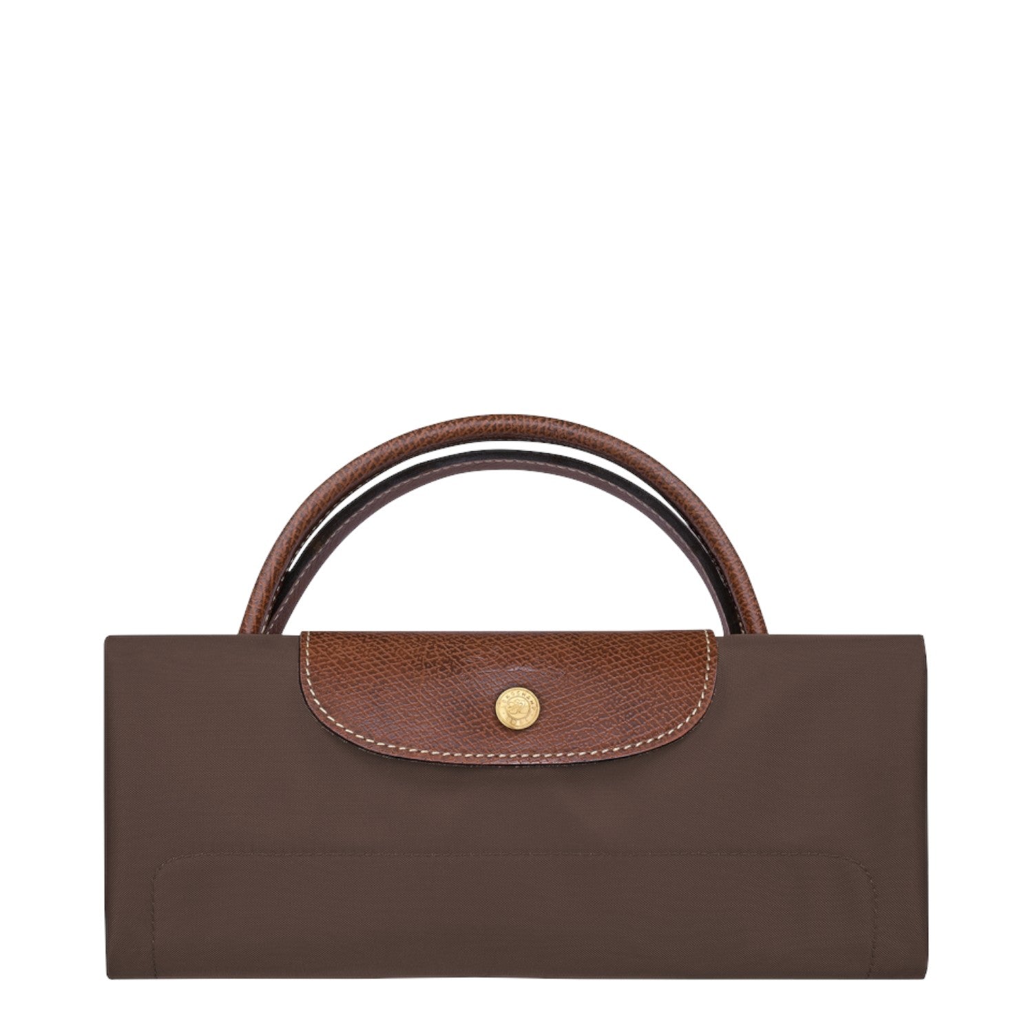 Lieblingstasche Longchamp Le Pliage travel bag in brown, folded with signature leather flap and gold snap button.