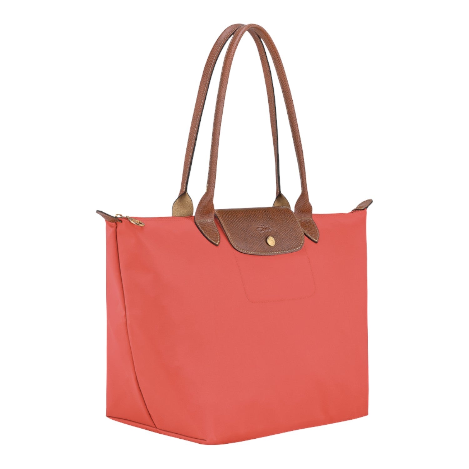 Lieblingstasche Longchamp Le Pliage large shoulder bag in coral nylon with brown leather handles and flap